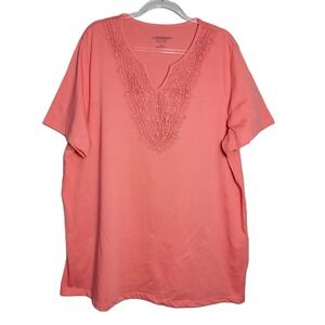 Catherines Plus Size 1X Coral Lace V Neck Short Sleeve Easy Fit Tee Top